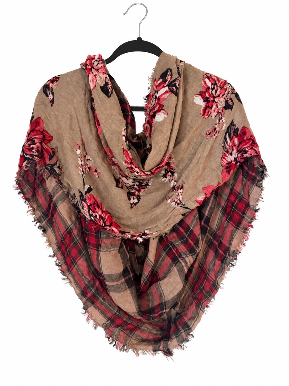 NWT Maurices Floral Plaid Blanket Scarf Brown Red Oversized Square Wrap Fringe